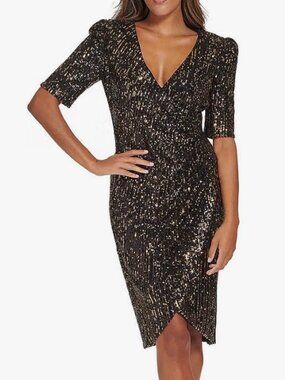 NWT Calvin Klein Black/Gold Sequined Sheath Mini Dress. Size 8